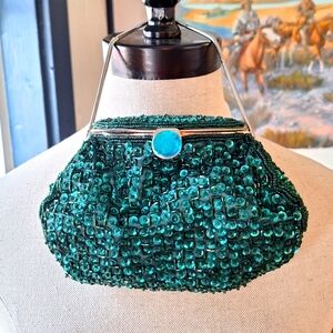 Menbur Vintage Satin, Beaded & Sequined Emerald Green Handbag/Clutch 1950's